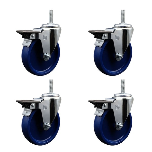 5 Inch Solid Polyurethane Wheel Swivel 58 Inch Threaded Stem Caster Set with Brake SCC